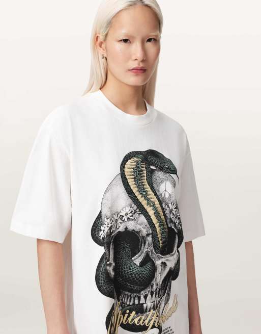 AllSaints – Kurzärmliges T-Shirt-Minikleid in Weiß mit Schlangenkopf-Grafik-Logo, 3 von 4