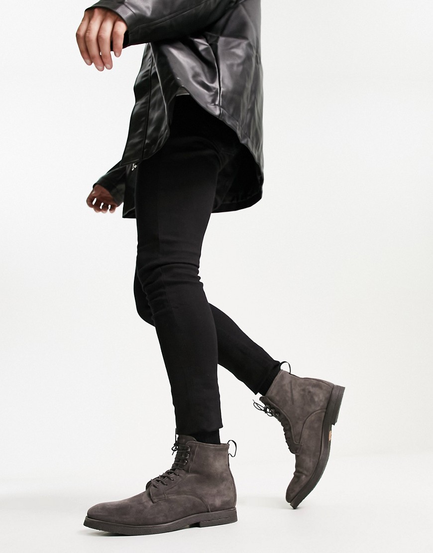 AllSaints Kyle suede lace up boots in charcoal gray