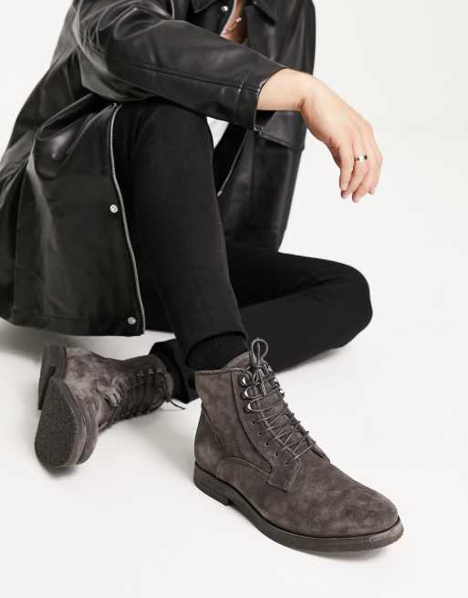 AllSaints Kyle suede lace up boots in charcoal gray