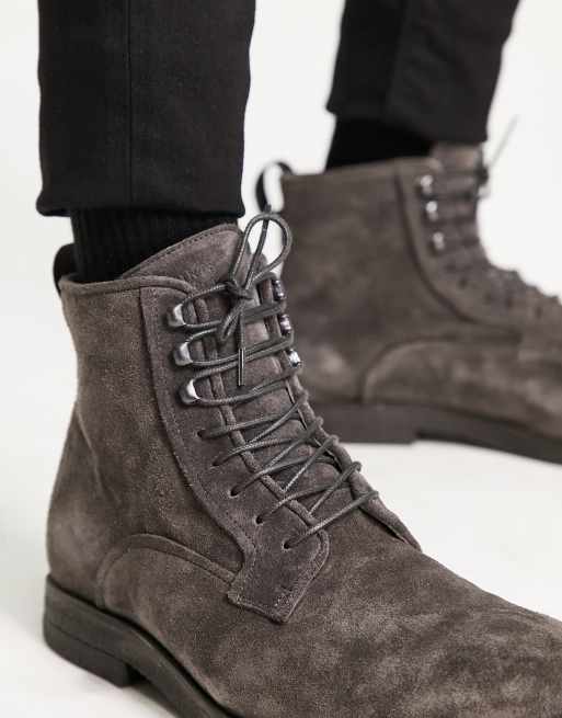 AllSaints Kyle suede lace up boots in charcoal gray | ASOS