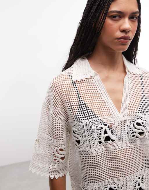 AllSaints – Kyra – Kurzärmliges, gehäkeltes Minikleid in Weiß, 3 von 4