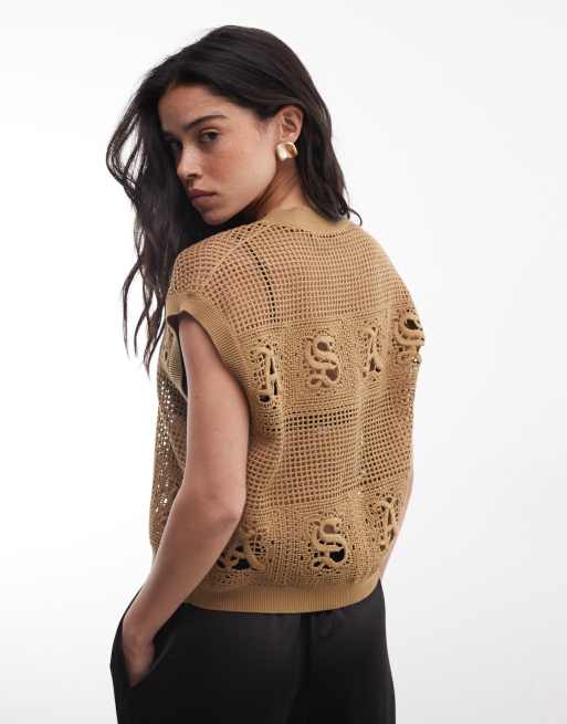 AllSaints - Kyra - Mouwloze gebreide gilettop in bruin, 4 van 4