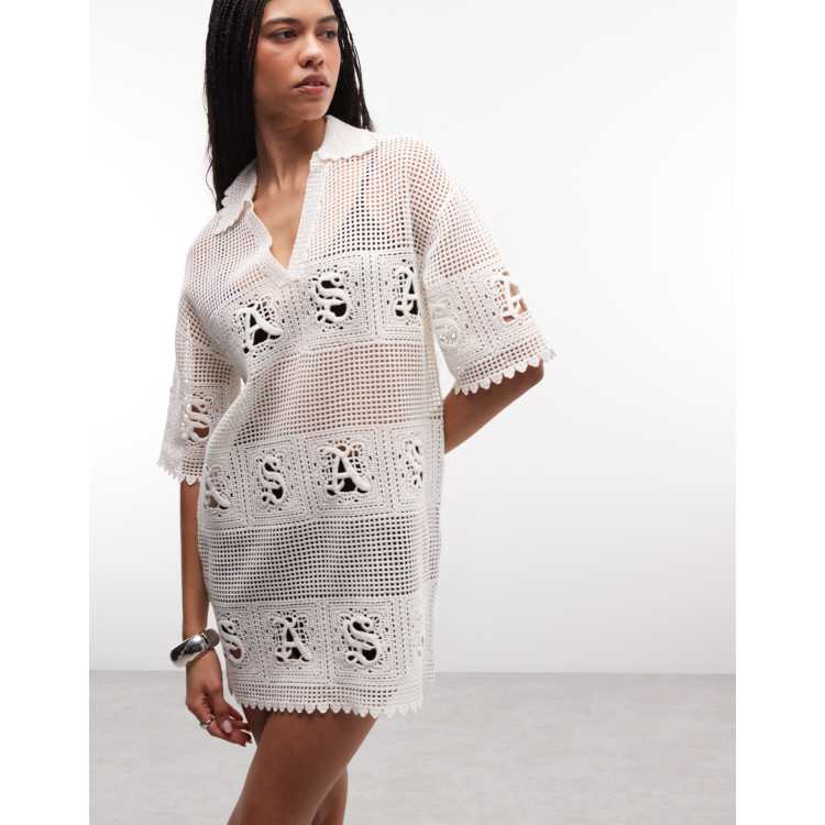 AllSaints Kyra short sleeve crochet mini dress in white | ASOS