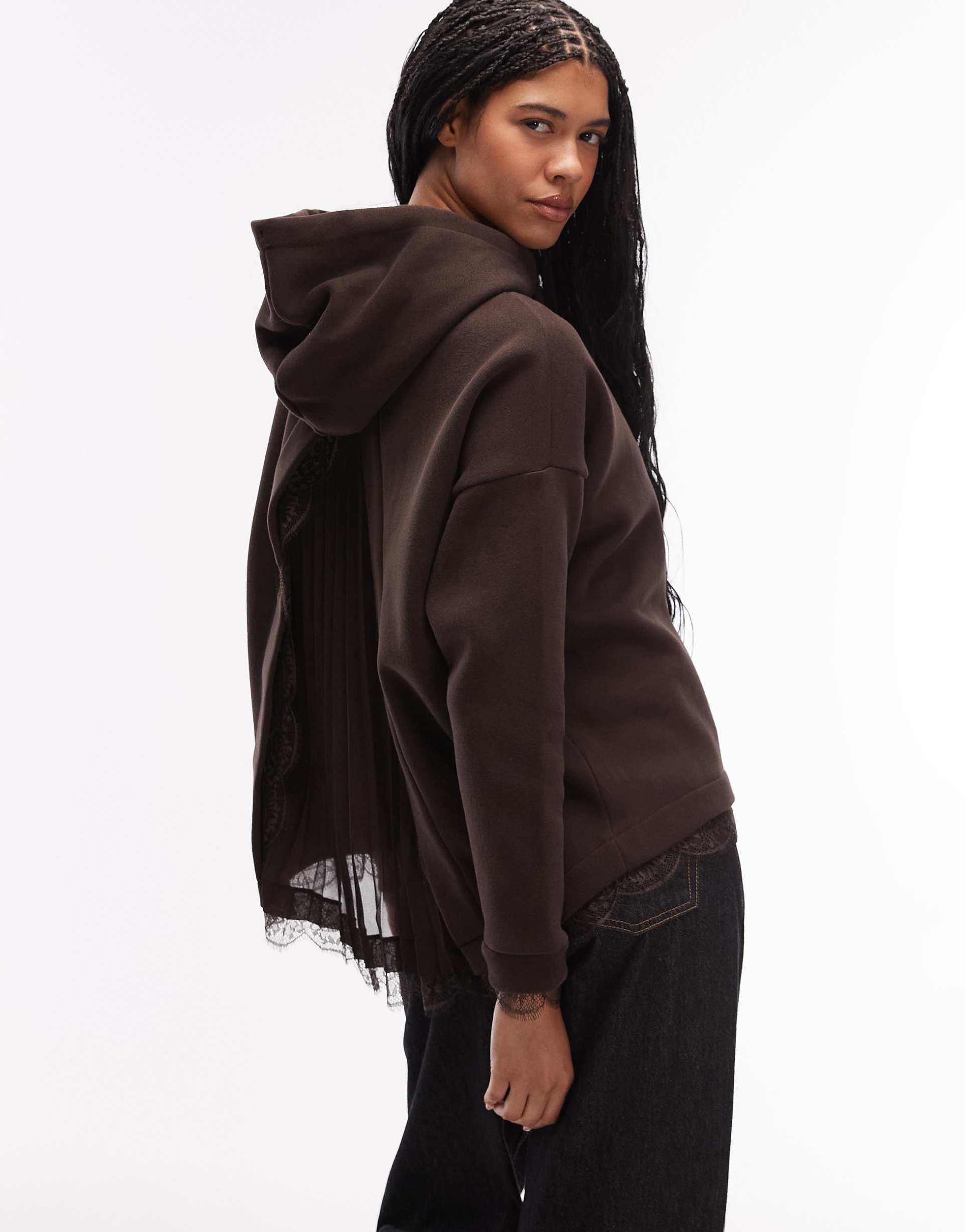 allsaints lace trim hoodie in brown