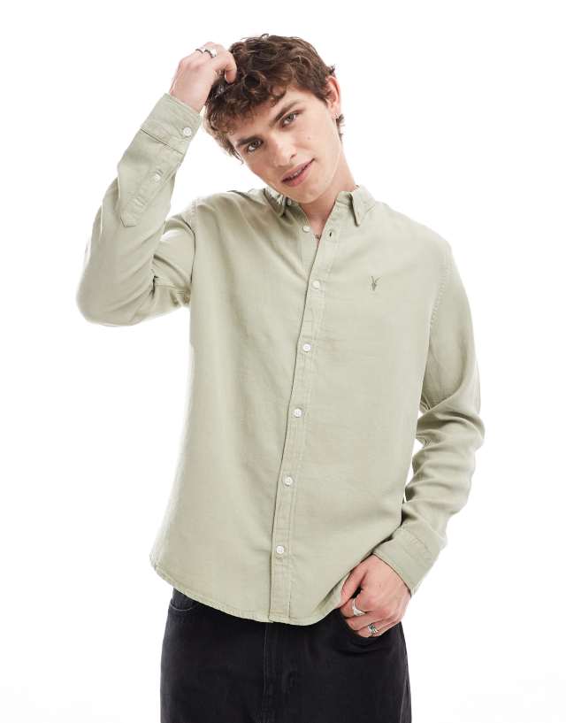 AllSaints - laguna long sleeve linen shirt in green