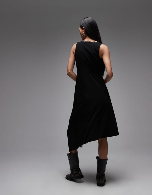AllSaints lailey asymmetric lace trim dress in black | ASOS