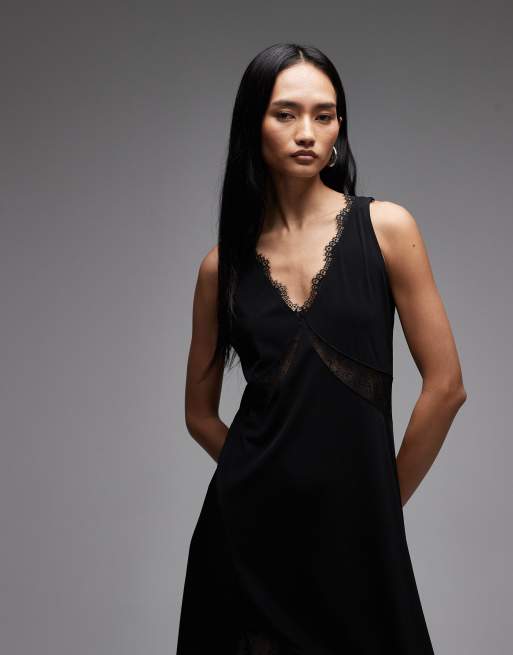 AllSaints lailey asymmetric lace trim dress in black | ASOS