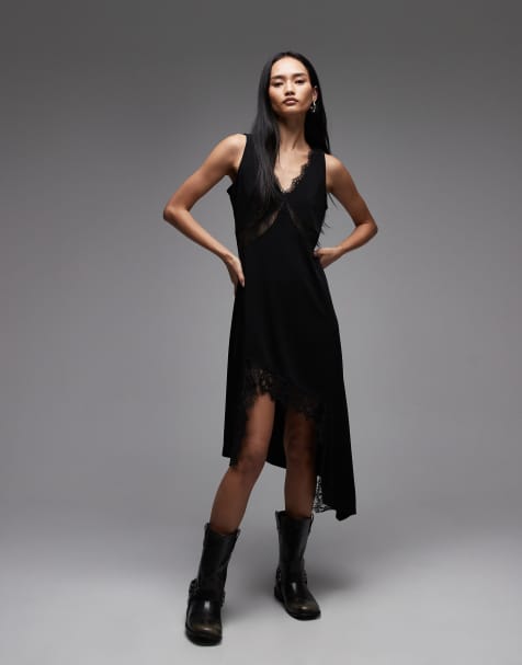 AllSaints – Lailey – Asymmetrisches Kleid in Schwarz mit Spitzenbesatz - view 1