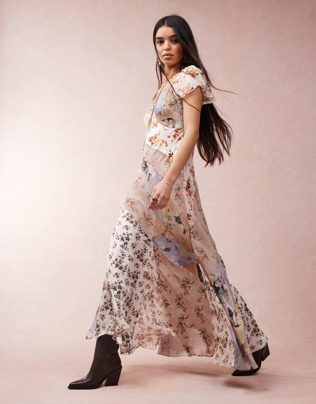 la la lady dress AllSaints Lala printed maxi in origin floral brown 0discound