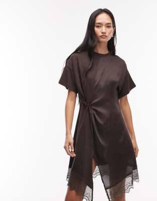 AllSaints - Lana - Kurzärmliges Minikleid aus Spitze in Braun-Brown