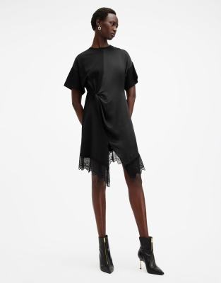 Allsaints Lana Lace-trimmed Knot-detail Mini Dress In Black