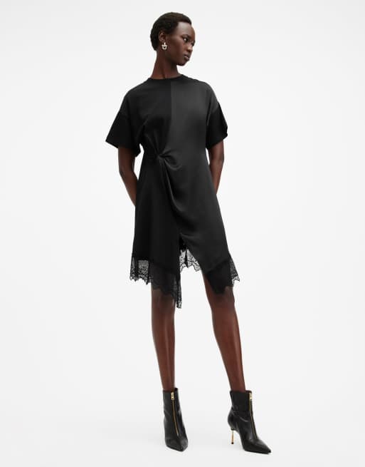 AllSaints Lana lace trim mini dress in black | ASOS