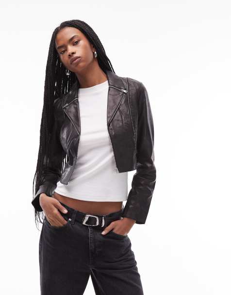 AllSaints Landers leather crop biker jacket in black  - view 1