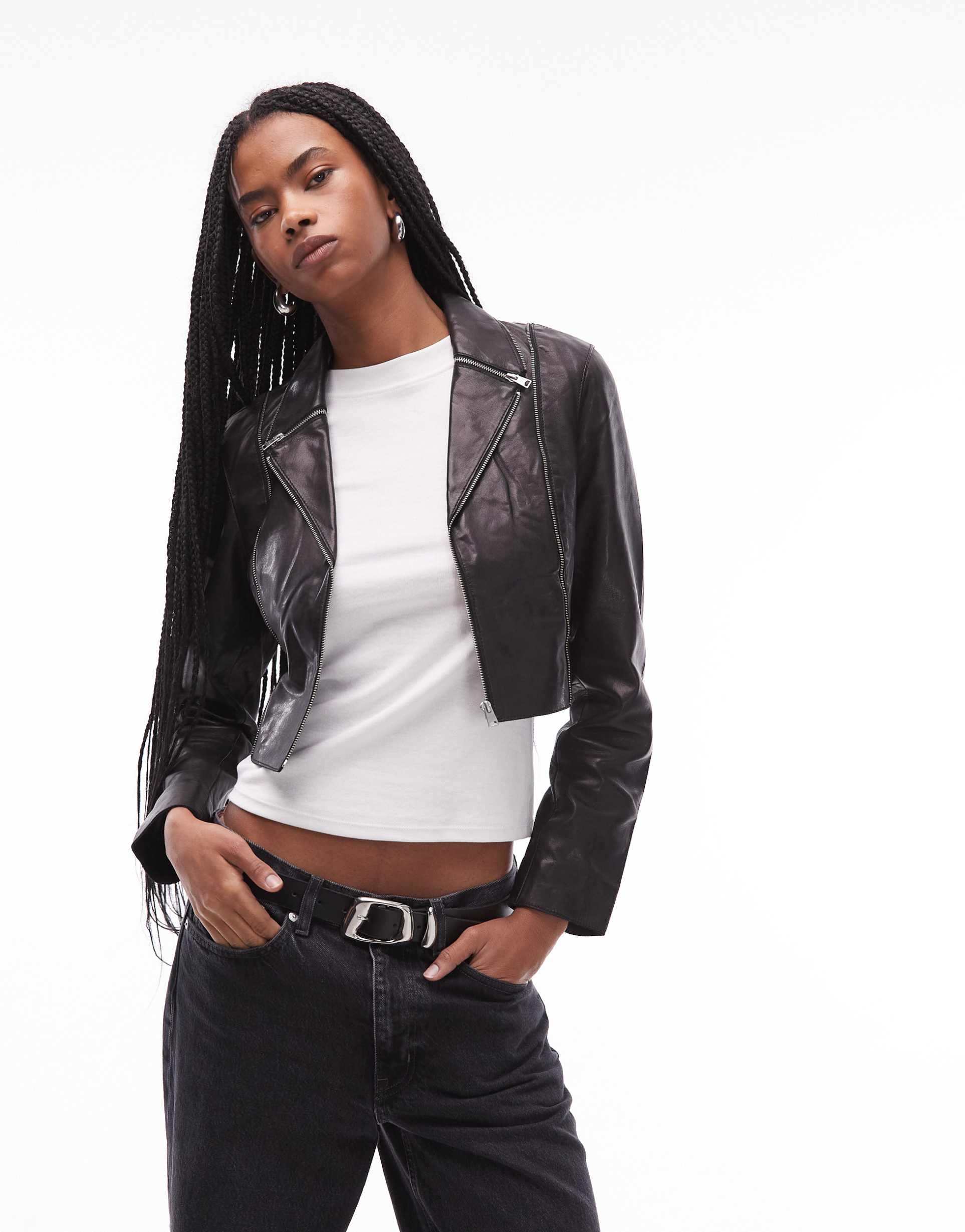 allsaints landers leather cropped moto jacket in black