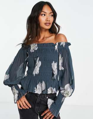 AllSaints Lara Cordelia off shoulder top in smoke grey floral