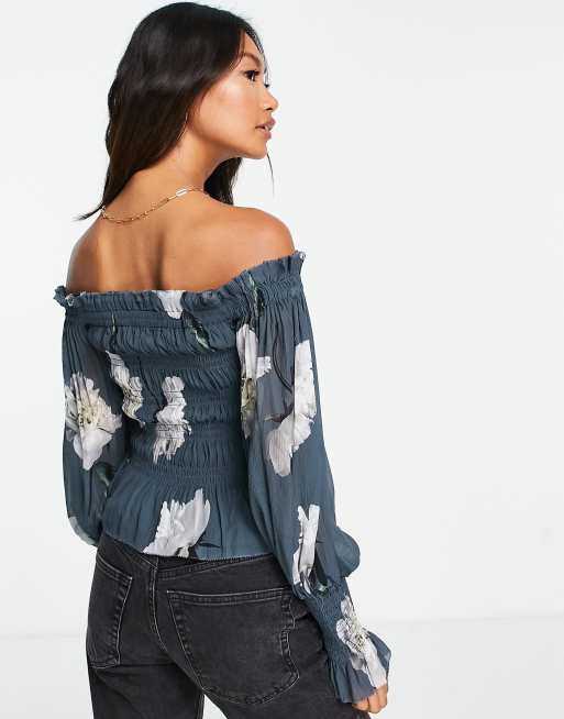 AllSaints Lara Cordelia off shoulder top in smoke grey floral, 2 of 4