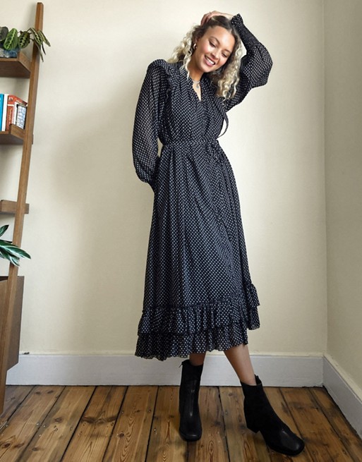 AllSaints Lara long sleeve polka dot maxi dress with ruffle detail in black