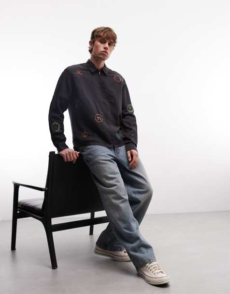 AllSaints Laurel long sleeve embroidered zip through shacket in black - view 1