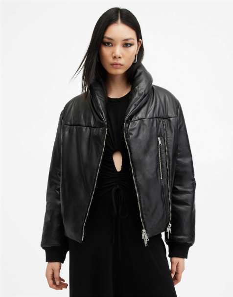 AllSaints – Lauren – Pufferjacke aus Leder in Schwarz - view 1