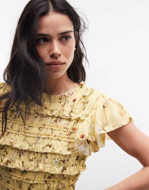 AllSaints Lauren sleeveless ruched ruffle floral mini dress in yellow, 2 of 4