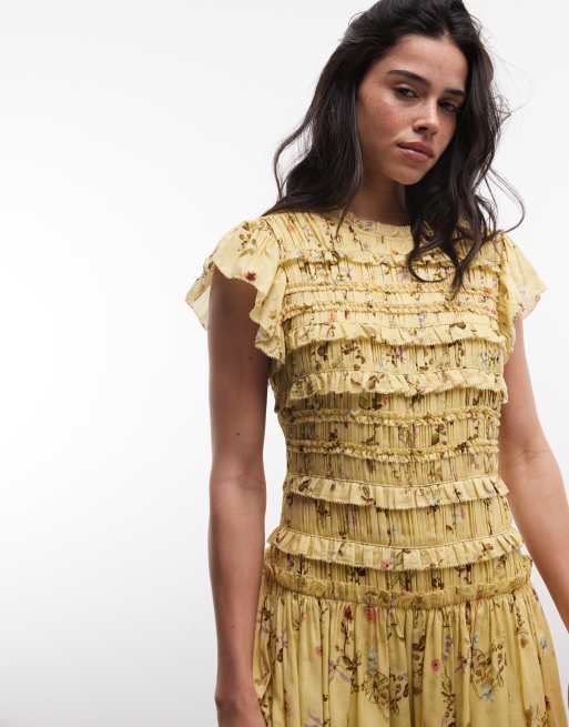 AllSaints Lauren sleeveless ruched ruffle floral mini dress in yellow, 3 of 4