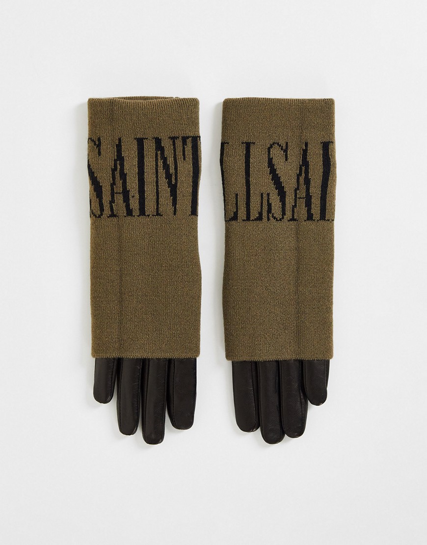 Allsaints Leather And Knitted Gloves With Branding In Gray And Black-multi