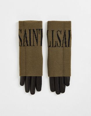 AllSaints leather and knitted gloves with branding in grey and black