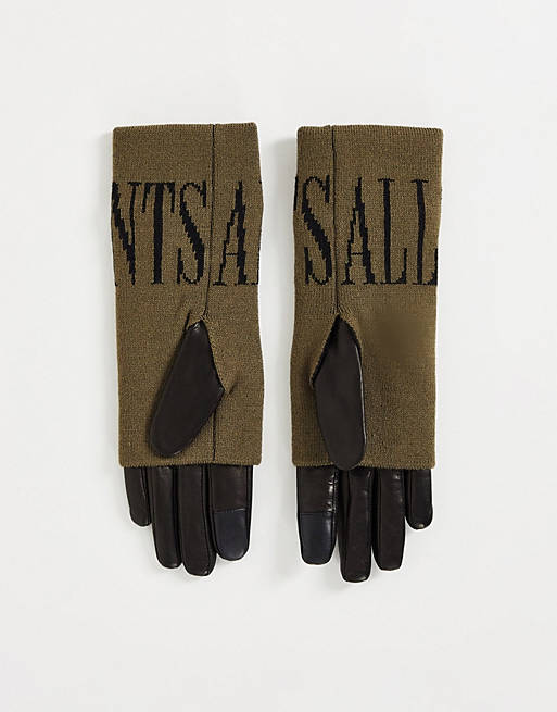 Designer Brands AllSaints leather and knitted gloves with branding in grey and black 