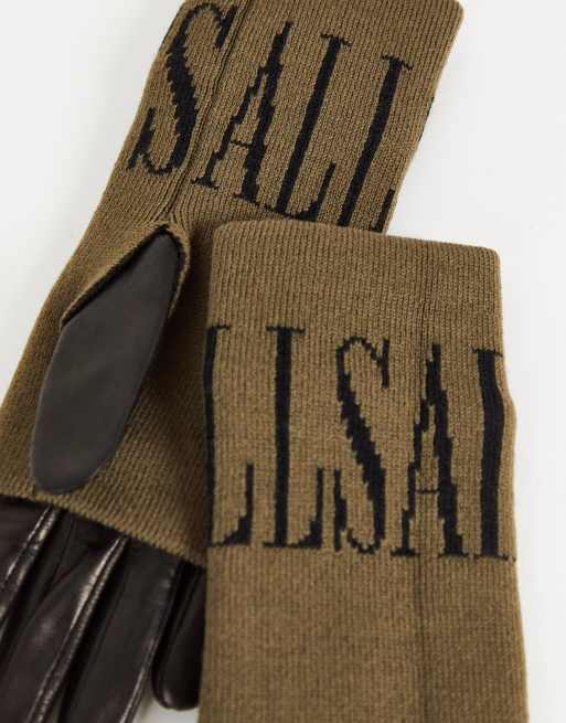 AllSaints leather and knitted gloves with branding in grey and black , 3 of 4