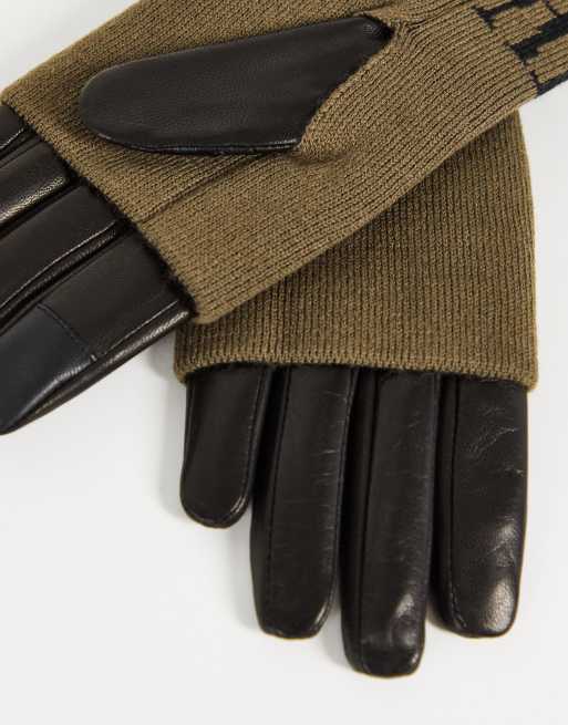 AllSaints leather and knitted gloves with branding in grey and black , 4 of 4