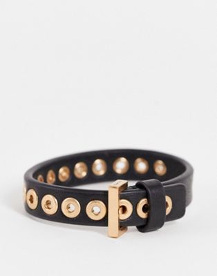 AllSaints leather bracelet with gold buckle detail in black