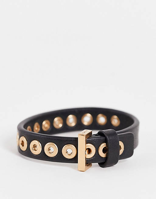  AllSaints leather bracelet with gold buckle detail in black 