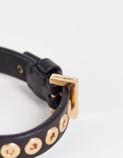  AllSaints leather bracelet with gold buckle detail in black 