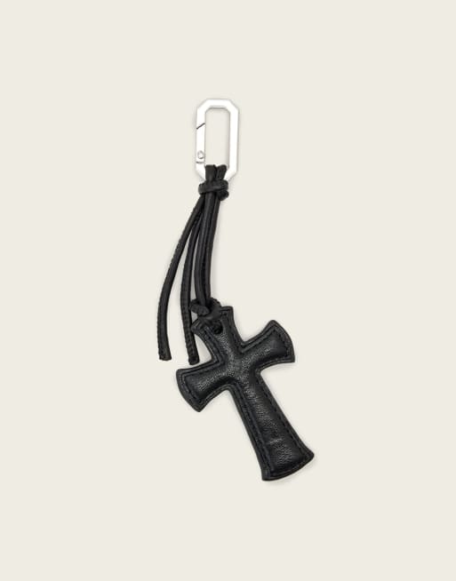 AllSaints leather cross keyring in black, 2 of 3
