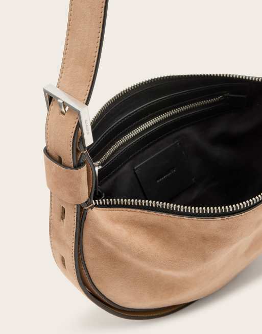AllSaints leather half moon crossbody bag in mink brown