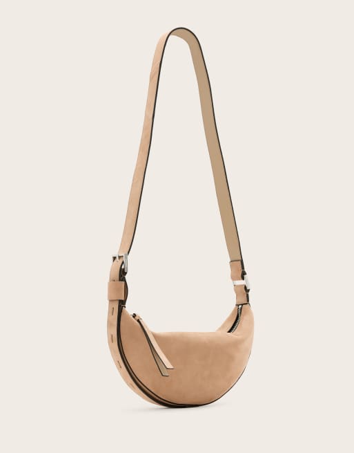 AllSaints leather half moon crossbody bag in mink brown