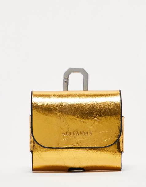 AllSaints leather metallic airpod case in gold - view 1
