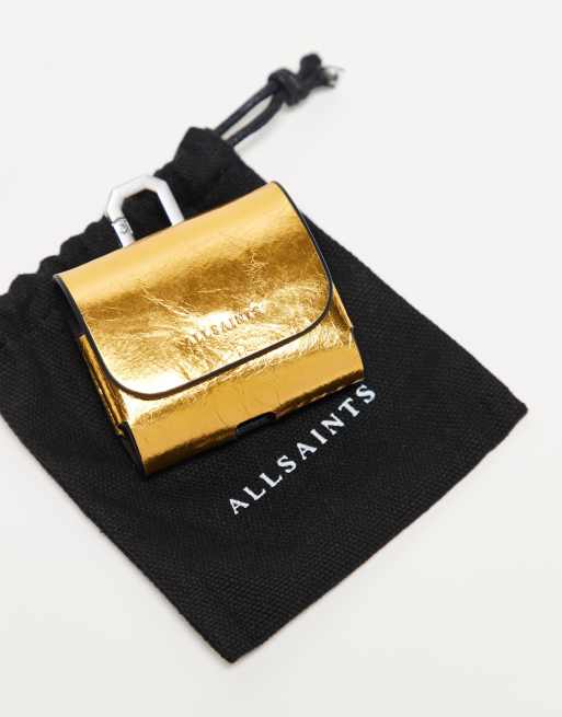 AllSaints leather metallic airpod case in gold ASOS