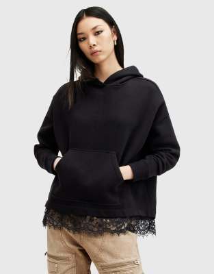 AllSaints Lee lace panelled oversized hoodie in black