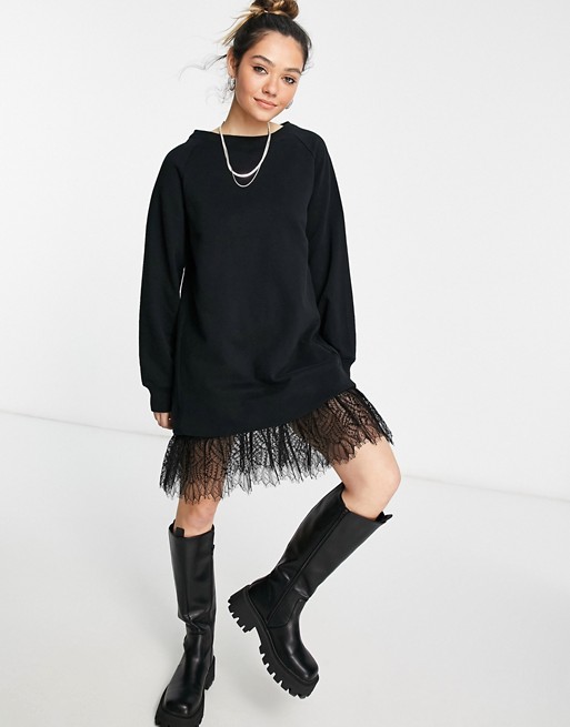 AllSaints Lee sweatshirt dress with lace hem in black