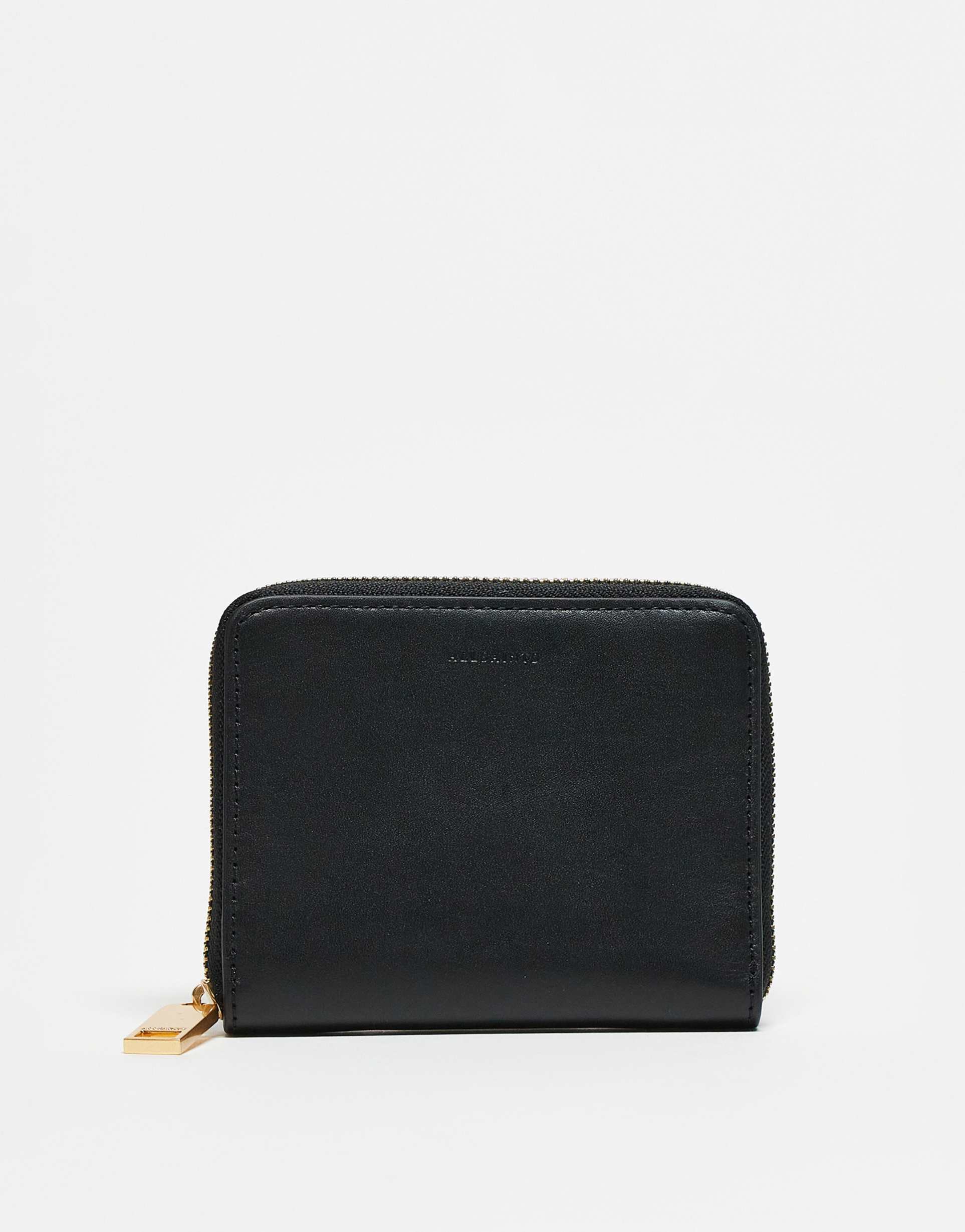 allsaints lena leather hex zip wallet in black