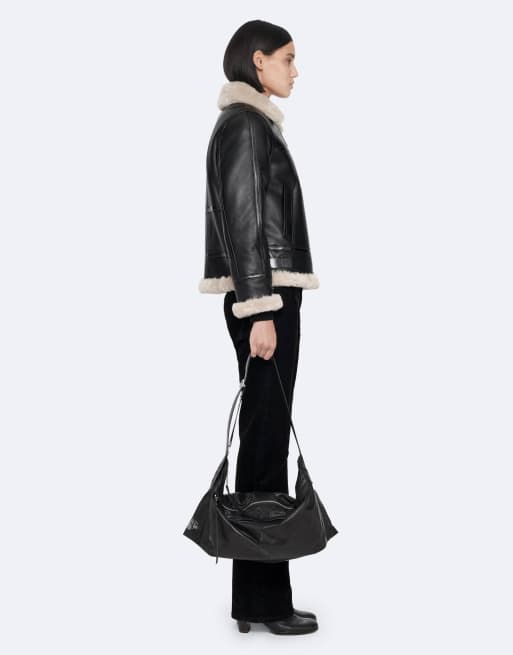 AllSaints Lennox veste en peau retournée noir/naturel, 3 de 6