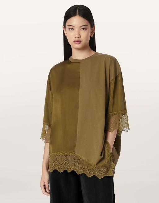 AllSaints Lenny Spitzenshirt in Khakigrün, 5 von 7