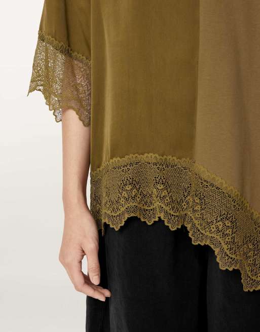 AllSaints Lenny t-shirt en dentelle kaki, 3 de 7