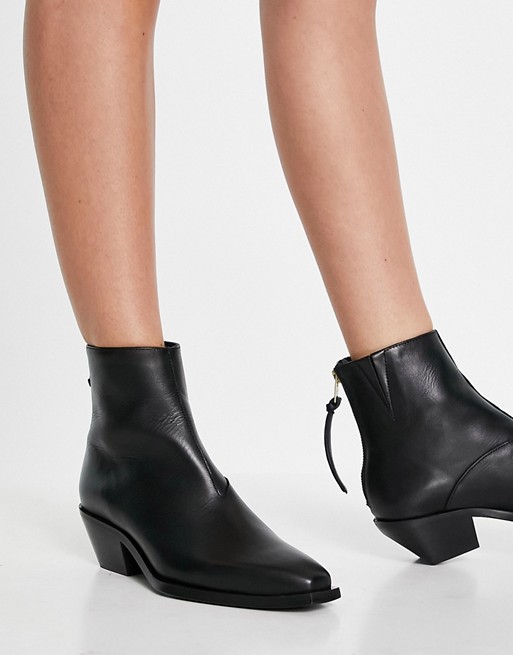 AllSaints Lenora pointed leather ankle boots with Cuban heel in black