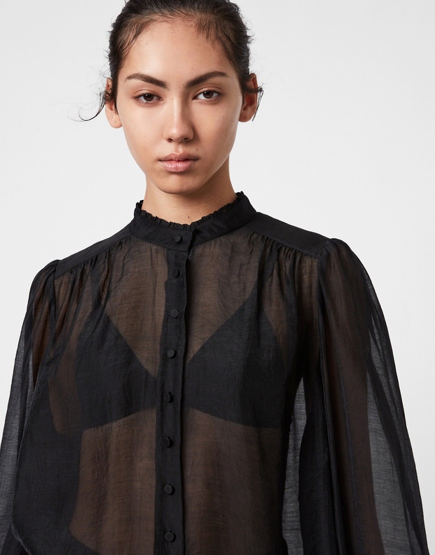 AllSaints - Leonie - Overhemd zonder kraag in doorschijnend zwart