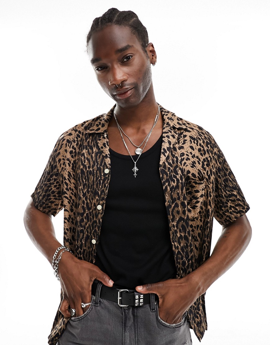 AllSaints Leoza short sleeve graphic shirt in leopard print-Brown