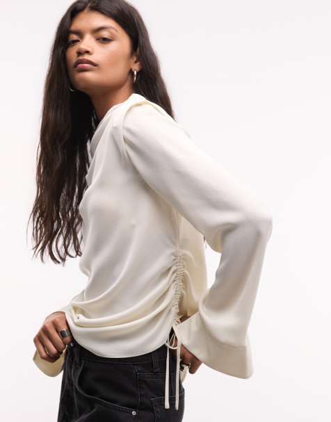 AllSaints Leslie langærmet top med rynkedetaljer, mock neck og tern i hvid - view 1
