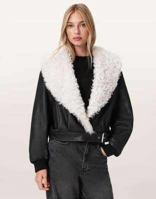 AllSaints - Libra - Lammfell-Jacke in Schwarz/Wollweiß-Bunt