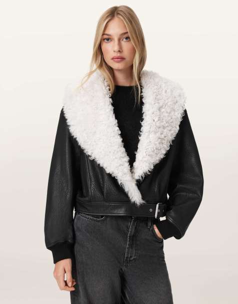 AllSaints – Libra – Lammfell-Jacke in Schwarz/Wollweiß - view 1